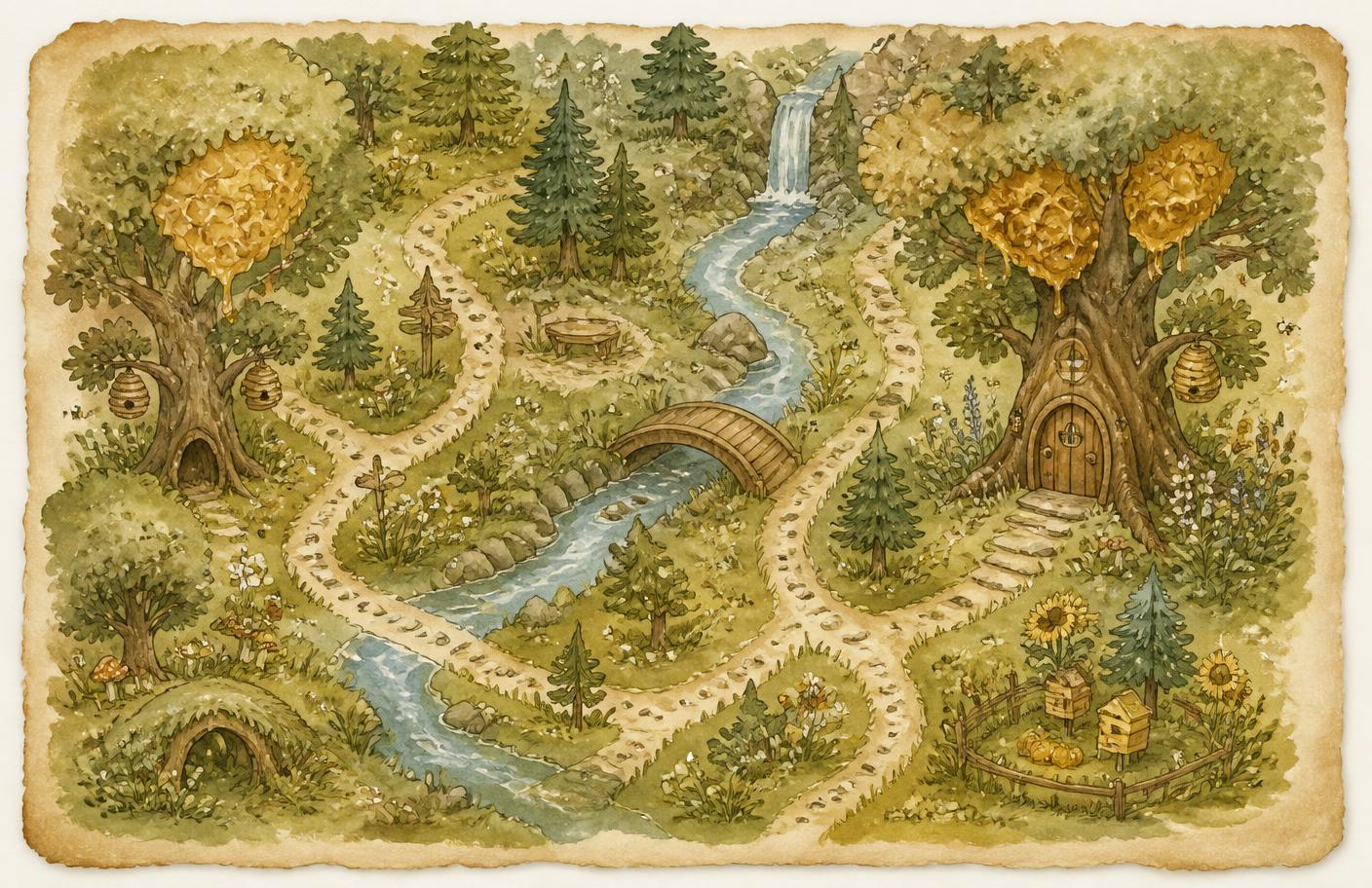 Hand-painted map of the Forest with winding paths and honey trees